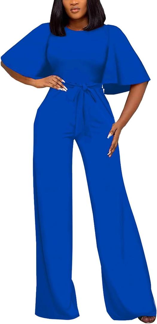 BessCops Womens Loose Short Sleeve Belted Wide Leg Pant Romper Jumpsuit Casual Business One Piece Outfits (Blue, L)