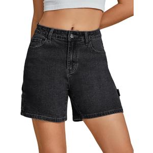luvamia Jean Shorts for Women High Waisted Trendy Casual Utility Stretchy Denim Jorts Cutoff Long Shorts with Pockets (XX-Large, Washed Black)
