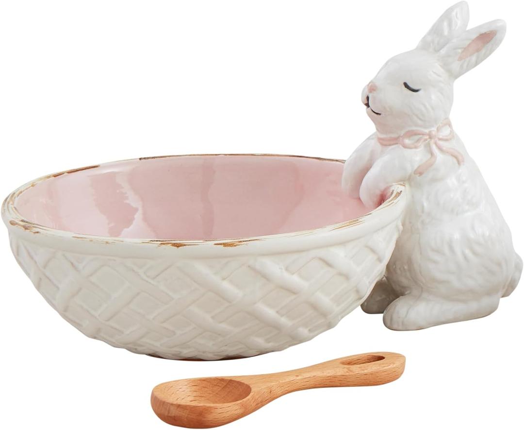 Mud Pie Bunny Candy Dish Set Serving & Salad, bowl 4" x 5" | spoon 3 1/2", Pink