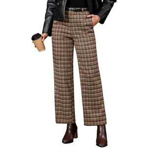 GRAPENT Plaid Pants for Women Wide Leg High Waisted Tartan Work Business Casual Elastic Waist Trousers Pants with Pocket, M