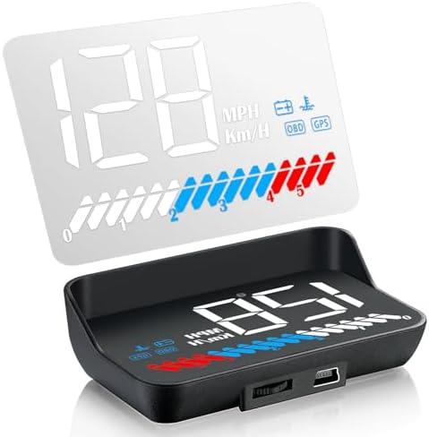 OBD2 Windshield Heads Up Display for Car OBD2 & GPS Dual System Digital Speedometer MPH for Car HUD with RPM Meter, Water TEM, Volt, Mileage, 4 Alarms for OBDII/EOBD 2008+ Sedan Cars