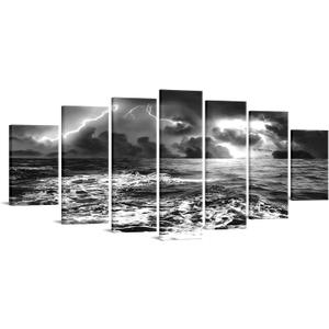 sechars X-Large Multi Piece Canvas Wall Art Black and White Ocean Lightning Storm Picture Painting Nature Wave Seascape Photo Giclee Print for Home Living Room Office Decoration W-70 x H-32