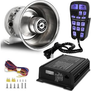 Upgrade 250W Emergency Police Siren Speaker Multi-Tones Slim PA System Sirens with Handheld Controller & Mic Microphone Warning Electronic Alarm Sounds Horn Kit for Tow Truck Vehicles Car Pickup