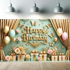 Gold Green Happy Birthday Backdrop Butterfly Gift Box Floral Banner Birthday Photography Background for Girl Supplies Party Decoration Photo Booth Prop 71 x 43 Inch