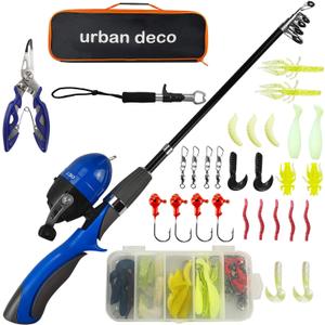 Urban Deco Kids Fishing Pole Set Portable Telescopic Kids Fishing Rod and Reel Combo Kit with Tackle Box for Beginners, Boys,Girls,Youth,Children 1.27 m (blue)