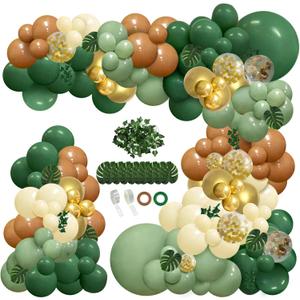 148 pcs Safari Jungle Balloon Arch Kit, Sage Green Brown Wild Balloon Garland with Palm Leaves, for Woodland Tropical Birthday Party Supplies Shower Decoration (Dark Green,sage Green,coffee Brown,pastel Yellow)