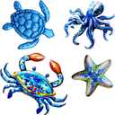 Metal Ocean Wall Sculptures Outdoor Indoor Nautical Metal Wall Art Decor Blue Sea Turtle Crab Octopus and Starfish Wall Decor Outdoor Wall Art for Garden Pool Patio Balcony Kitchen or Bathroom