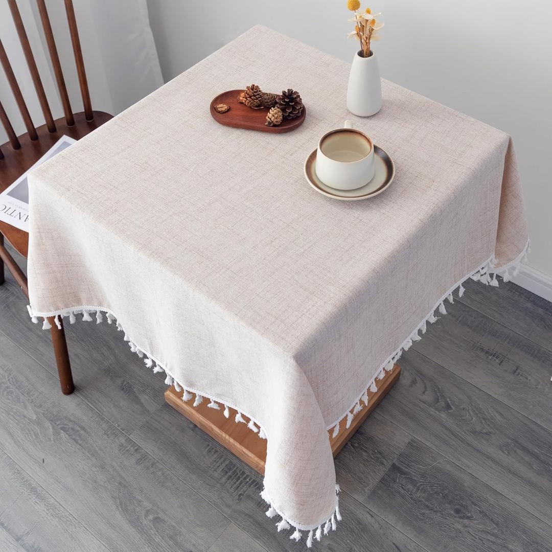 Linen Square Tablecloth 52 x 52 Inch Beige Washable Wrinkle Resistant Table Cloths with Tassels Farmhouse Decorative Burlap Fabric Table Cover for Wedding Camping Party Holiday