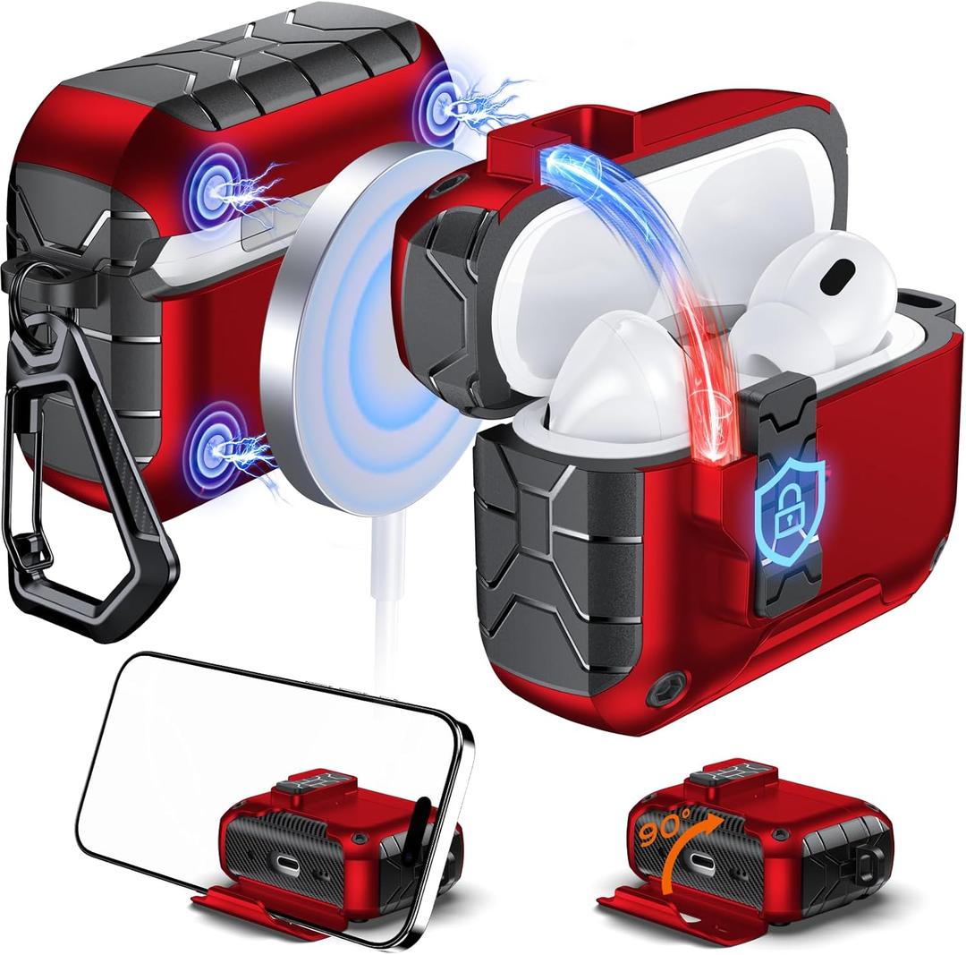 Anqrp MagArmor Auto-Open for AirPods Pro 2nd/1st Gen Case with Built-in Magnets, [One-Press Auto-Open] [Compatible with Mag-Safe Charging], Full-Body MIL-Grade Protective with Air-AL Carabiner Red