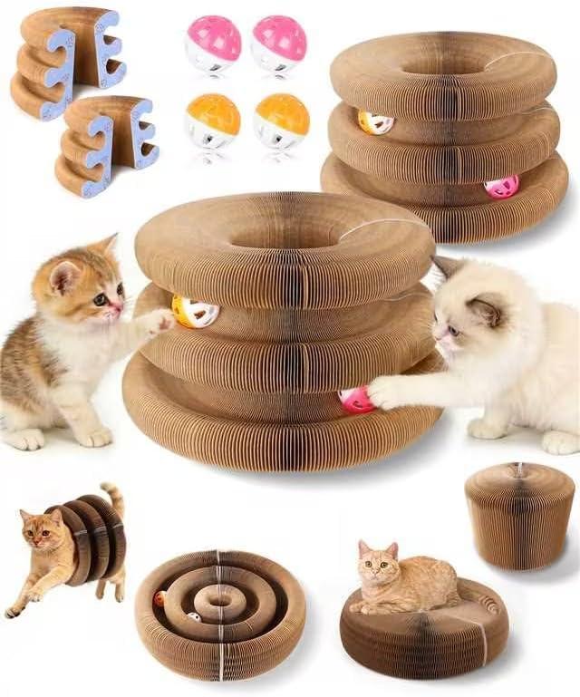 Upgraded Double Layer Accordion Cardboard Cat Toy, 2 Pack Connectable Magic Organ Cardboard Cat Scratcher with Cat Toy Ball Track for Kitten Kitty, Interactive Cats Ball Toy for Indoor Cats