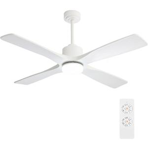 WINGBO 48 Inch DC Ceiling Fan with Lights and Remote Control, 4 Carved Solid Wood Blades, 6-Speed Noiseless Reversible DC Motor, Modern Ceiling Fan in Gloss White Finish with White Blades