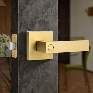 Moquin Brushed Gold Square Design Keyless Privacy Door Handle with Lock, Heavy Duty Door Lever Without Keys, Reversible Handle for Bathroom/Bedroom Door in Satin Brass Finish (1 Pack)