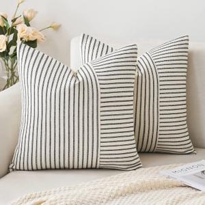 MIULEE Black and Beige Patchwork Farmhouse Pillow Covers 16x16 Inch, Pack of 2 Striped Linen Decorative Modern Accent Pillow Cases for Sofa Couch Bedroom
