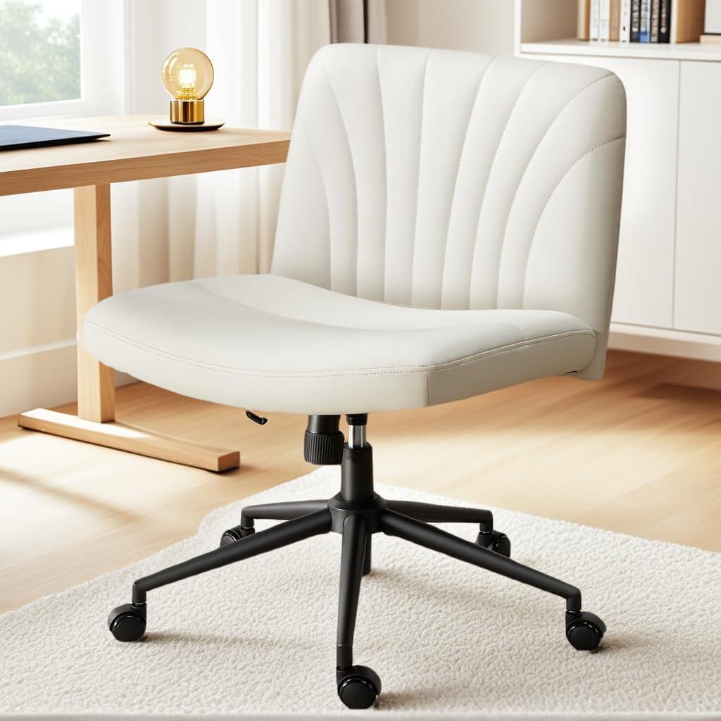 Marsail Criss Cross Chair with Wheels, Wide PU Leather Armless Desk Chair, Swivel & Height Adjustable Cross Legged Office Chair for Makeup, Small Spaces, Bedroom, Vanity (Beige)