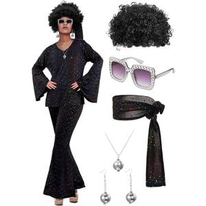 Jexine Halloween 70s Women Disco Outfit Costume Set Disco Party Top Pants Sunglasses Ball Necklace Earring Wig (Medium, Black)