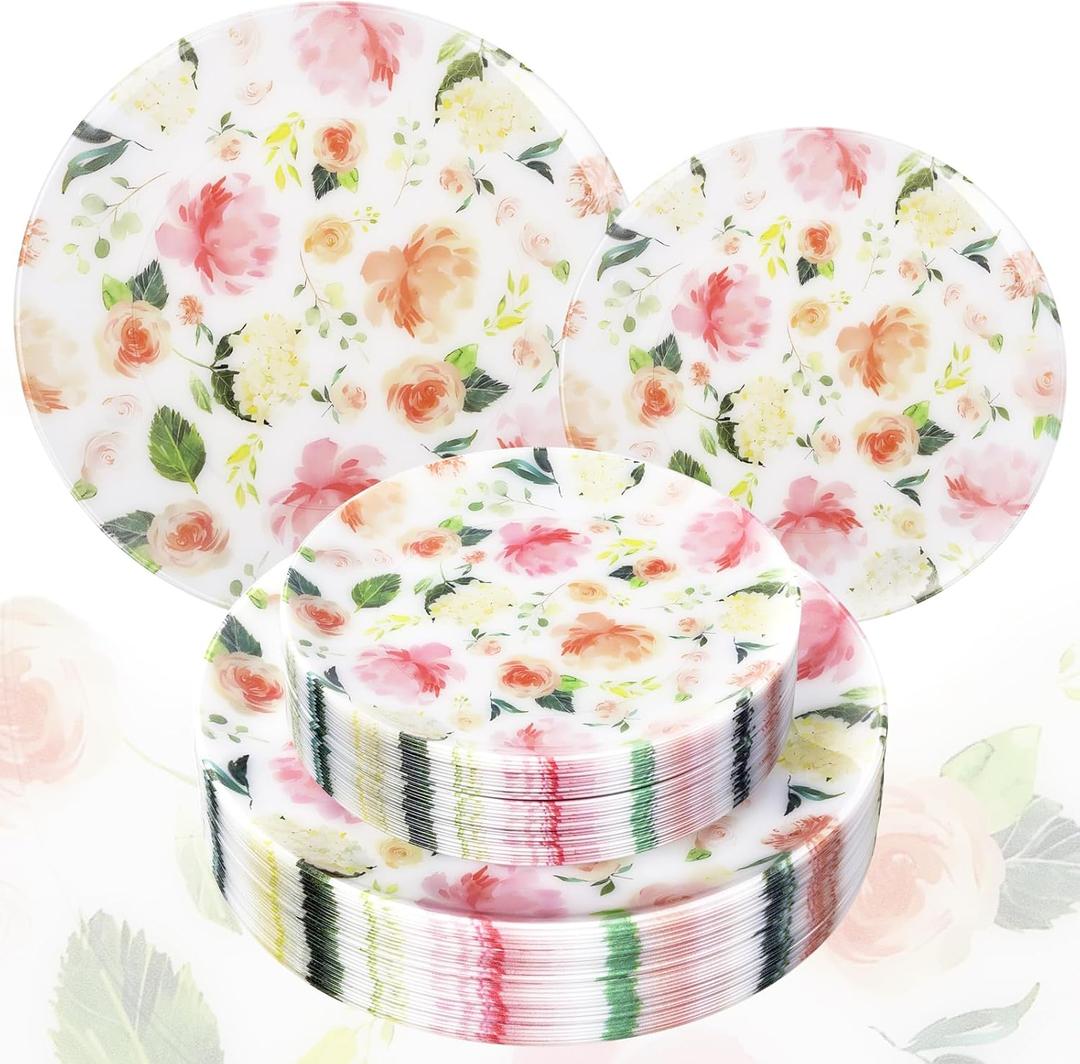 60 PCS Floral Plastic Plates - Pink Disposable Decorative Plates Include 30 Dinner Plate, 30 Dessert Plate for Wedding & Tea Party & Spring