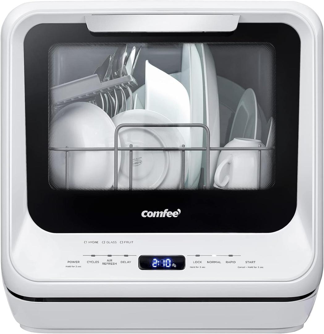 COMFEE' Portable Dishwasher Countertop with 5L Built-in Water Tank, No Hookup Needed, 6 Programs, 360 Dual Spray, 192 High-Temp& Air-Dry Function, Mini Dishwasher for RVs, White