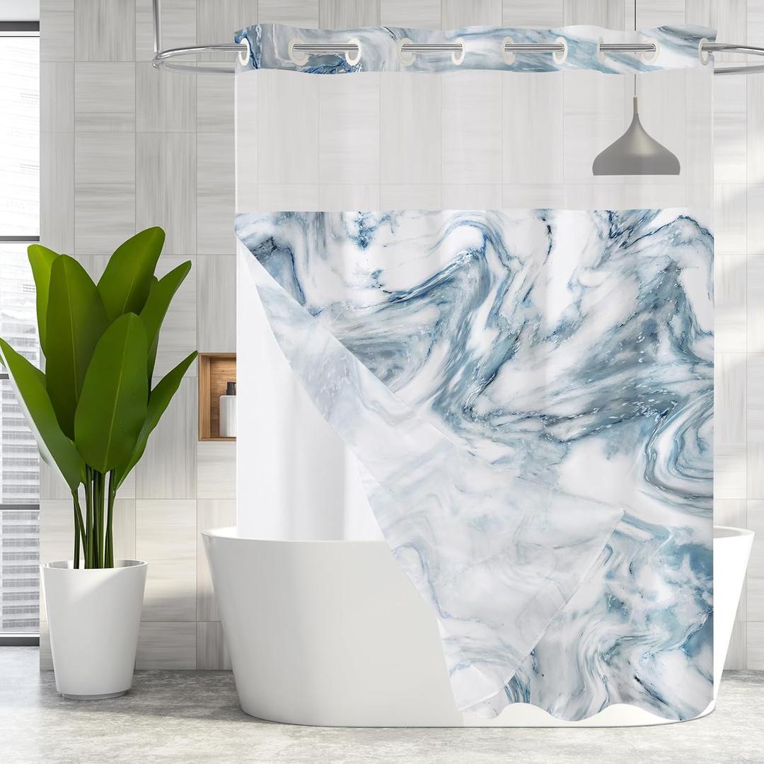 MitoVilla Blue Marble Long Shower Curtain 72 x 80, No Hooks Required 80 inch Long Fabric Cloth Shower Curtain Set with Cloth Snap-in Liner for Modern Hotel Bathroom Decor