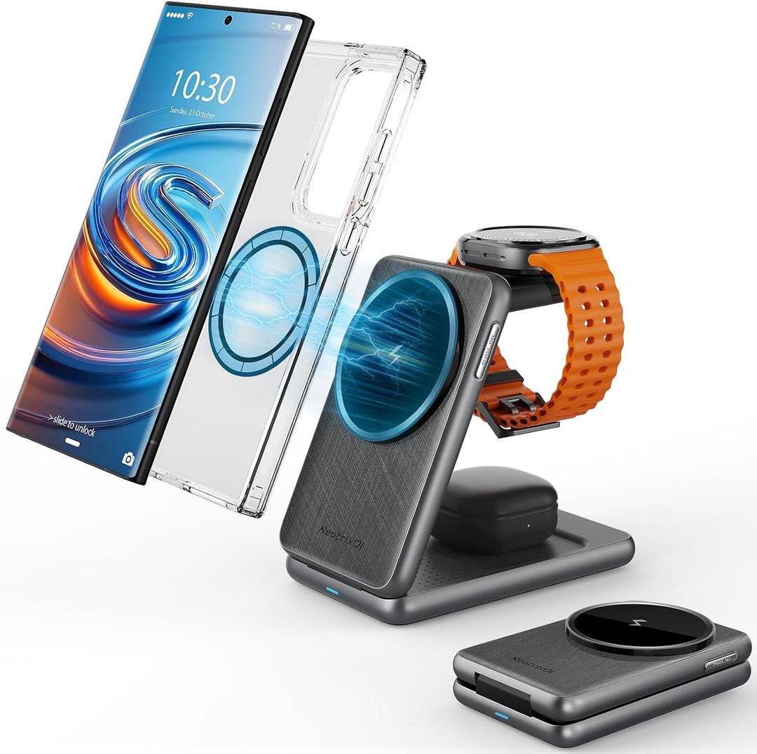 Magnetic Wireless Charger for Samsung, 3 in 1 Foldable Charging Station for Samsung Galaxy S25 Ultra/S24/Buds, One-Click Ejection Watch Charger for Galaxy Watch Ultra/7 [for Travel] (Black)