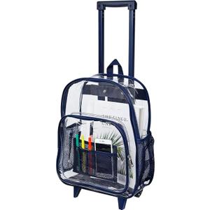 COVAX Rolling Clear Backpack, Heavy Duty See Through Bookbag, Transparent PVC Cold-resistant Backpack with Wheels (Navy)