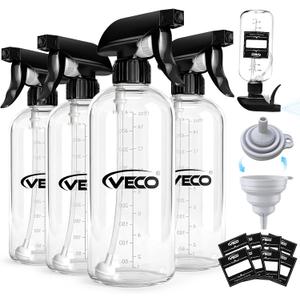 Veco 500mL (17oz) Graduated Spray Bottles, 4-Pack 360 Any-Angle Spraying for Easy Dilution, Leak-Resistant spray bottles for Cleaning, Plants, Hair & Pet Use + Foldable Funnel
