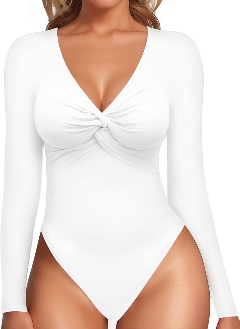 MANGOPOP Bodysuits for Women Deep V Neck Twist Knot Fitted Long Sleeve Bodysuit Basic Tops Casual T Shirts (Medium)