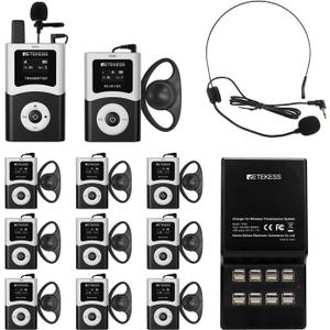 Retkess T130U(4nd Gen T130) Audio Tour Guide System, Tour Guide Headsets for Both Ear, 200m, 16 USB Charging Ports, Easy Operation, Translation System for Factory, School(1 Transmitter 10 Receivers)