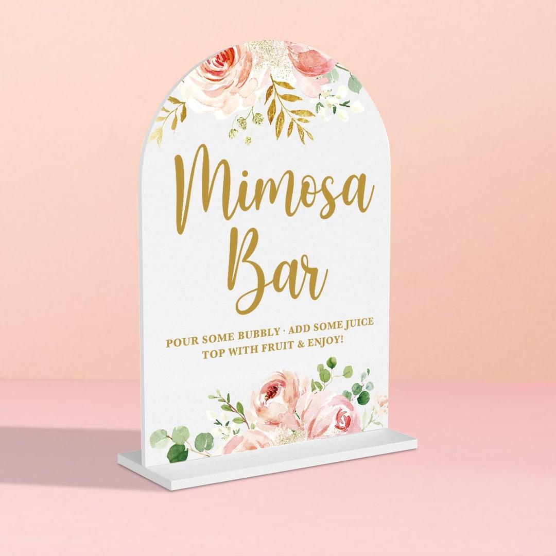 Acrylic Wedding Signs, Bridal Shower Decorations, Mimosa Bar Signs for Reception, Modern Calligraphy Arch Acrylic Table Top Sign for Wedding Reception and Engagement Parties (Pink Flowers)