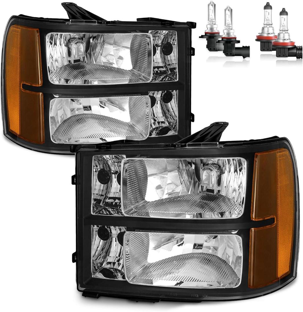 Headlights W/Bulbs for 2007-2013 GMC Sierra 1500/2007-2014 Sierra 2500 HD 3500 HD Halogen Headlamp Replacement Driver & Passenger Side