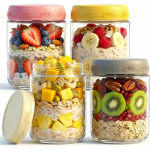 16 OZ 4Pack, Overnight Oats Jars with Lids, Glass Meal Prep Containers, Airtight Mason Jars for Breakfast, Yogurt Parfait, Salad & Smoothies, Leakproof and Reusable Food Storage Jars(4-2)
