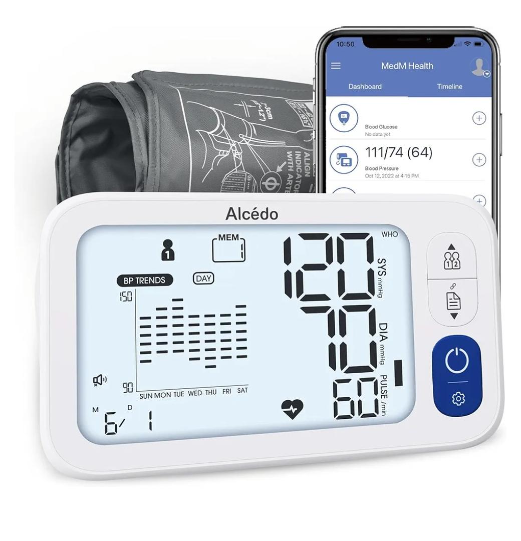 Alcedo Bluetooth Blood Pressure Monitor for Home Use, Accurate Upper Arm Smart BP Machine with Wide Range Cuff, App-Enabled for iOS & Android, Super Large Backlit Screen, 2 x 250 Memory