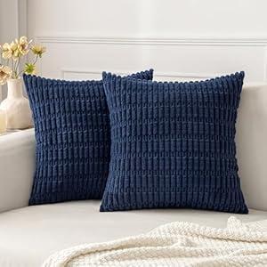 MIULEE Pack of 2 Corduroy Decorative Throw Pillow Covers 16x16 Inch Soft Boho Striped Pillow Covers Modern Farmhouse Home Decor for Sofa Living Room Couch Bed Dark Blue