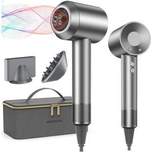 Ionic Hair Dryer with Diffuser, warmmama 1500W High Speed Blow Dryer with 3 Speeds and 4 Temps for Men & Women, Hair Blow Dryers Fast Drying Brushless Motor with Nozzle Bag for Home Salon Travel, Grey
