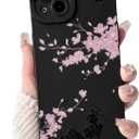 NITITOP Compatible with iPhone 15 Case Cute Aesthetic Cherry Blossom Pattern Design for Women Girls Soft TPU Shockproof Full Camera Protective Phone Cover - Black Pink