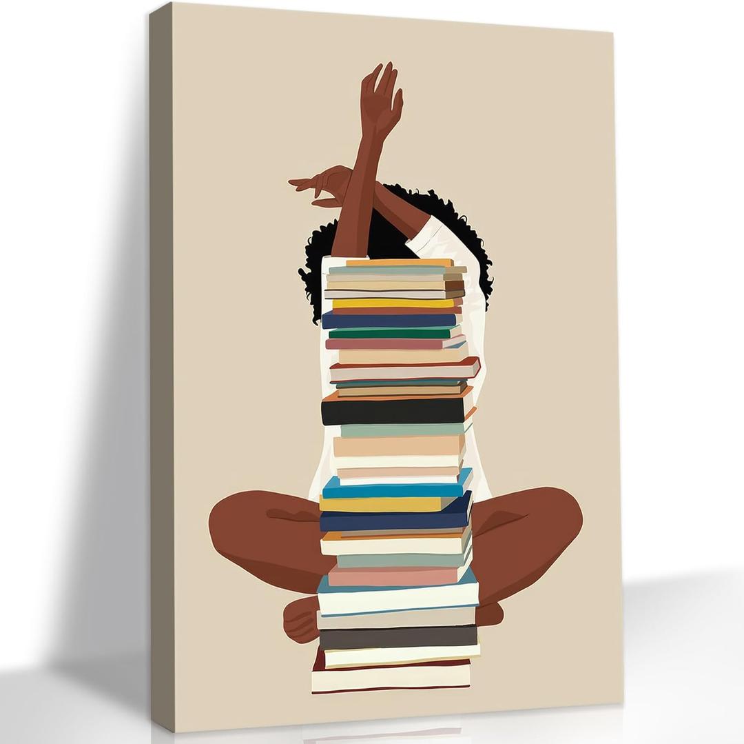 DCMVJHZV Black Girl Canvas Wall Art African American Books Wall Decor Black Woman picture Print Afrocentric Book Lover Painting Girl Artwork for Bedroom Living Room Office Dormitory(16" x 24")