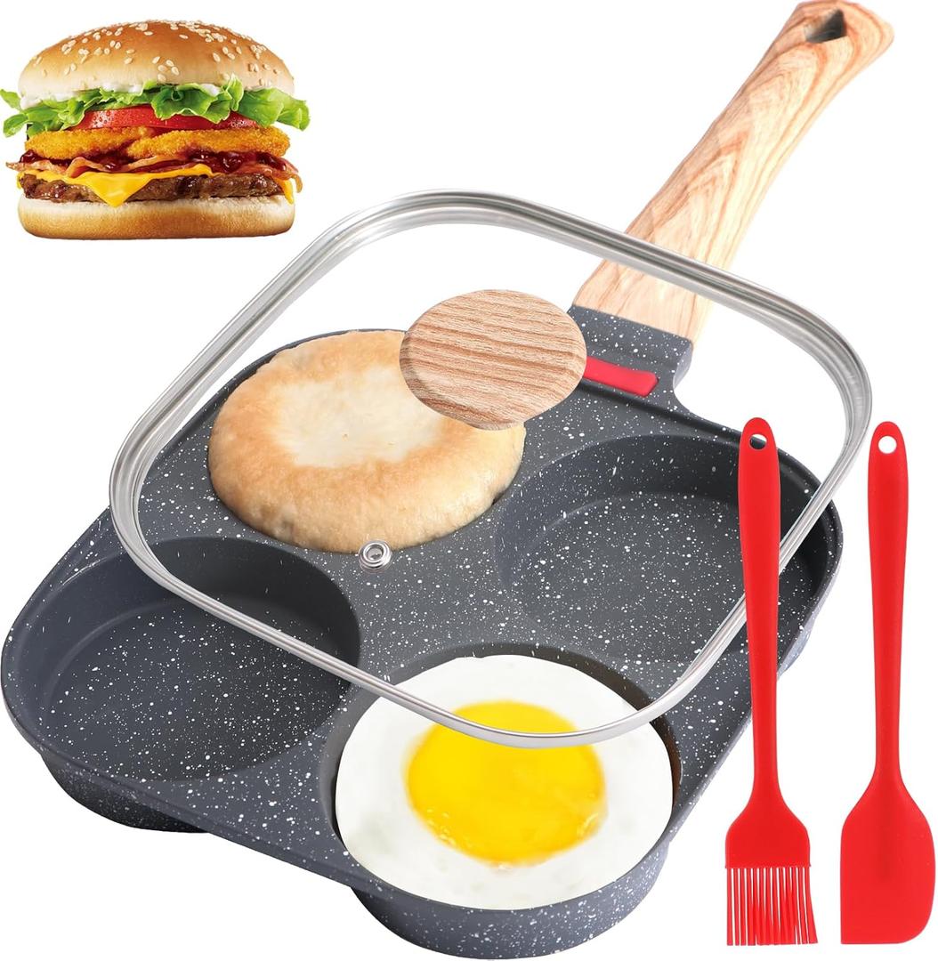 4-Cup Egg Pan, Premium Egg Pans Nonstick, Omelette Pan with Lid , Healthy Egg Frying Pan for Breakfast, Egg Sandwich, Hamburger, Pancake, Egg Skillet Suitable for Gas Stove & Induction Cookware