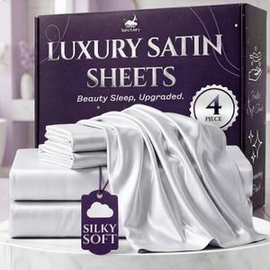 SLEEP SANCTUARY Satin Sheets King Size 4 Piece Luxury Silky Bed Set, Softer Than Silk, 15" Deep Pocket, Cooling & Wrinkle-Free, Moisture-Wicking & Breathable for Hair & Skin (White)
