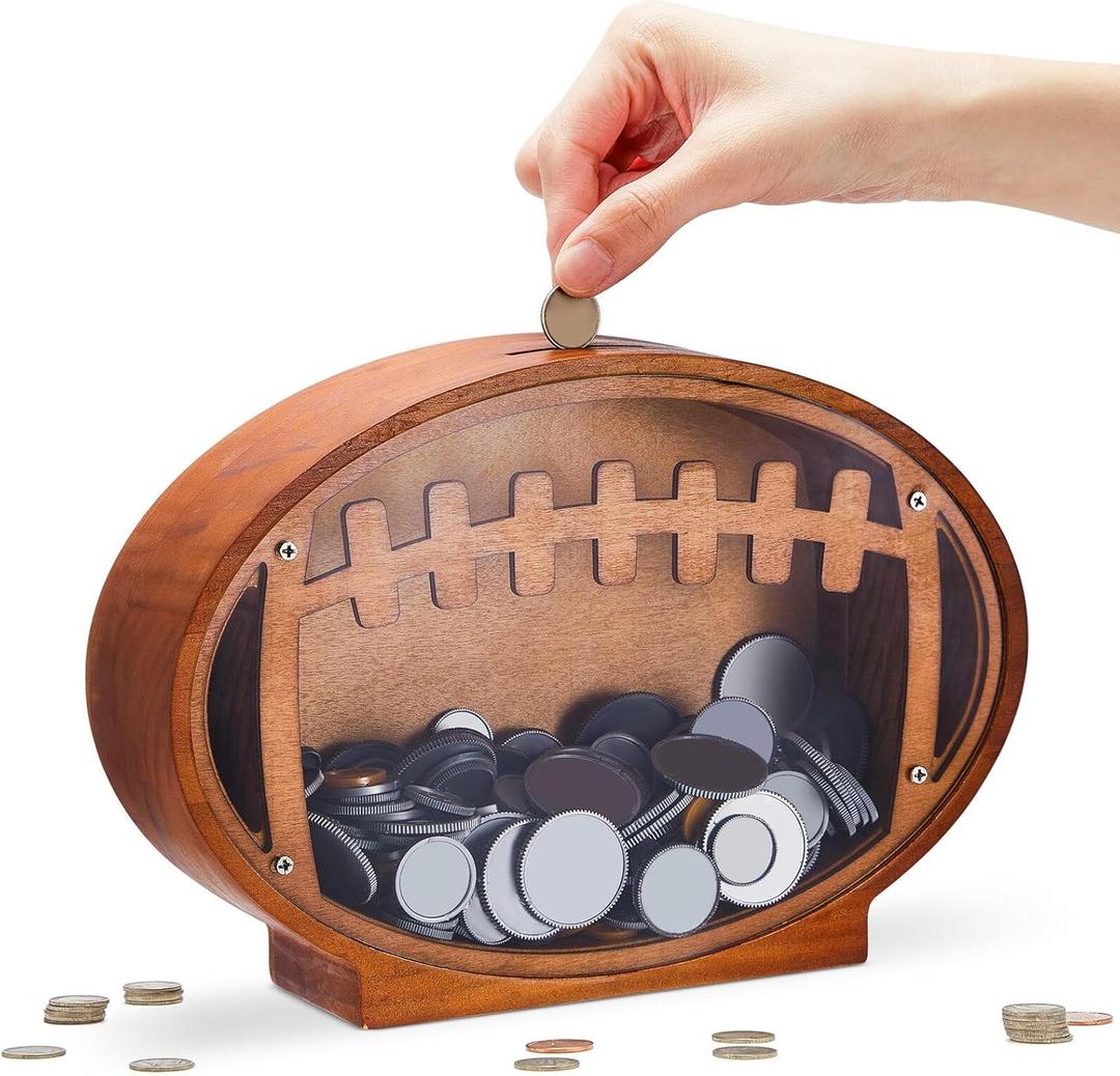 Wooden Football Piggy Bank for Kids Clear Piggy Bank with Transparent Window Cute Coin Box for Boys Girls and Adult Unbreakable Toddler Money Box for Christmas Birthday Sport Party Gift (9.8 x 6.7 x 2.4 Inches)