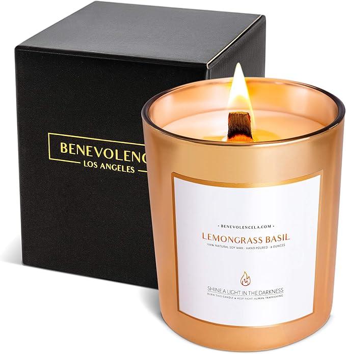 Benevolence LA Lemongrass & Basil Wood Wick Candles | Soy Candles, Black Candle for Home | Gifts for Women and Men | Home Fragrance | Aromatherapy | Shelf Decor, Bathroom Freshener | 8oz, 45 Hour Burn