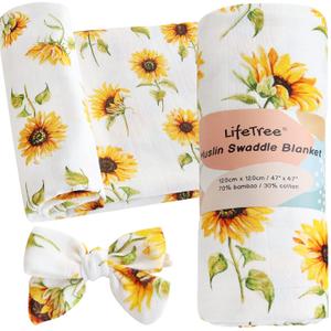 LifeTree Baby Muslin Swaddle Blankets for Boys & Girls, Newborn Swaddle Set with Matching Headband Bow, Infant Blanket Wrap, 47 x 47 inches, Sunflowers, 70% Viscose from Bamboo and 30% Cotton