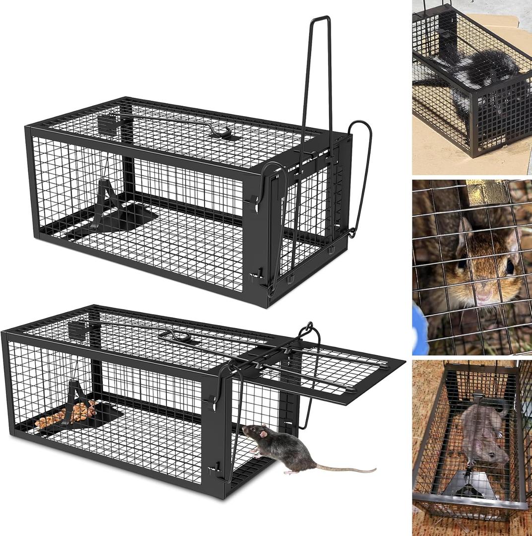 2 Packs Humane Rat Trap Outdoor Mouse Traps Indoor Use, Rodent Chipmunk Traps for Small Live Animal Catch and Release - Black