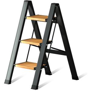 3 Step Ladder Aluminum Lightweight Folding Step Stool for Adults with Anti-Slip Sturdy and Wide Pedal, with 330 Lbs Capacity Multi-Use for Household and Kitchen Portable Stepladder, Black-Wood