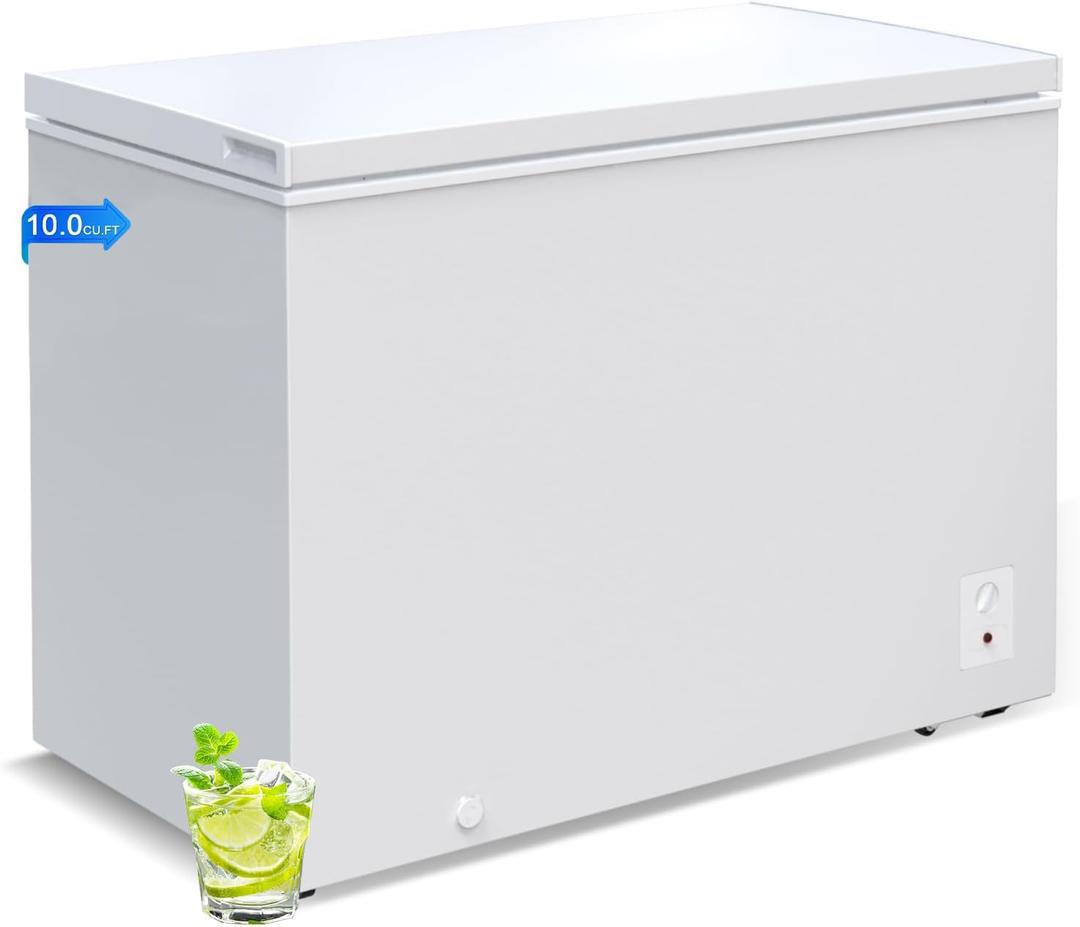 Large Chest Freezer, 10 Cu.Ft Commercial Deep Freezer with 8 Level Adjustable Temperature(-11.2°F to 10.4°F), Energy Saving Freezer with Removable Basket, Universal Wheels, White