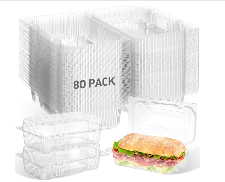 Seeloowy 80 Pack Clear Hinged Food Containers 7.2 × 4.9 × 2.6 Inch Plastic Cookie Containers Hinged Clamshell Takeout Boxes Disposable Loaf Cake Boxes for Salads Hamburger Fruit Dessert Sandwiches