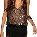 Women Sparkly Sequin Tank Top Beaded Sheer Mesh Cami V-Neck Rave Top (Medium, C1 Black Gold)