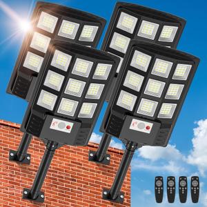 Solar Lights Outdoor,IP66 Waterproof Solar Street Lights Outdoor,6500K LED Dusk to Dawn Security Flood light with Motion Sensor and Remote Control for Yard,Parking Lot, Courtyards,Garages 4-Pack