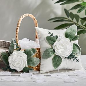 Rustic Flower Girl Basket and Ring Bearer Pillow Set with 600 Pcs Rose Petals Flower Girl Basket Boho Rustic Flower Basket Wedding Flowers Boho Flower Girl Gift