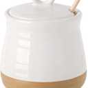 HASENSE Ceramic Honey Pot with Lid and Dipper Stick, 12 Ounce HoneyJar Dish for Home Kitchen, Farmhouse Honey Container for Mother's Day Gift, Dishwasher Safe, White