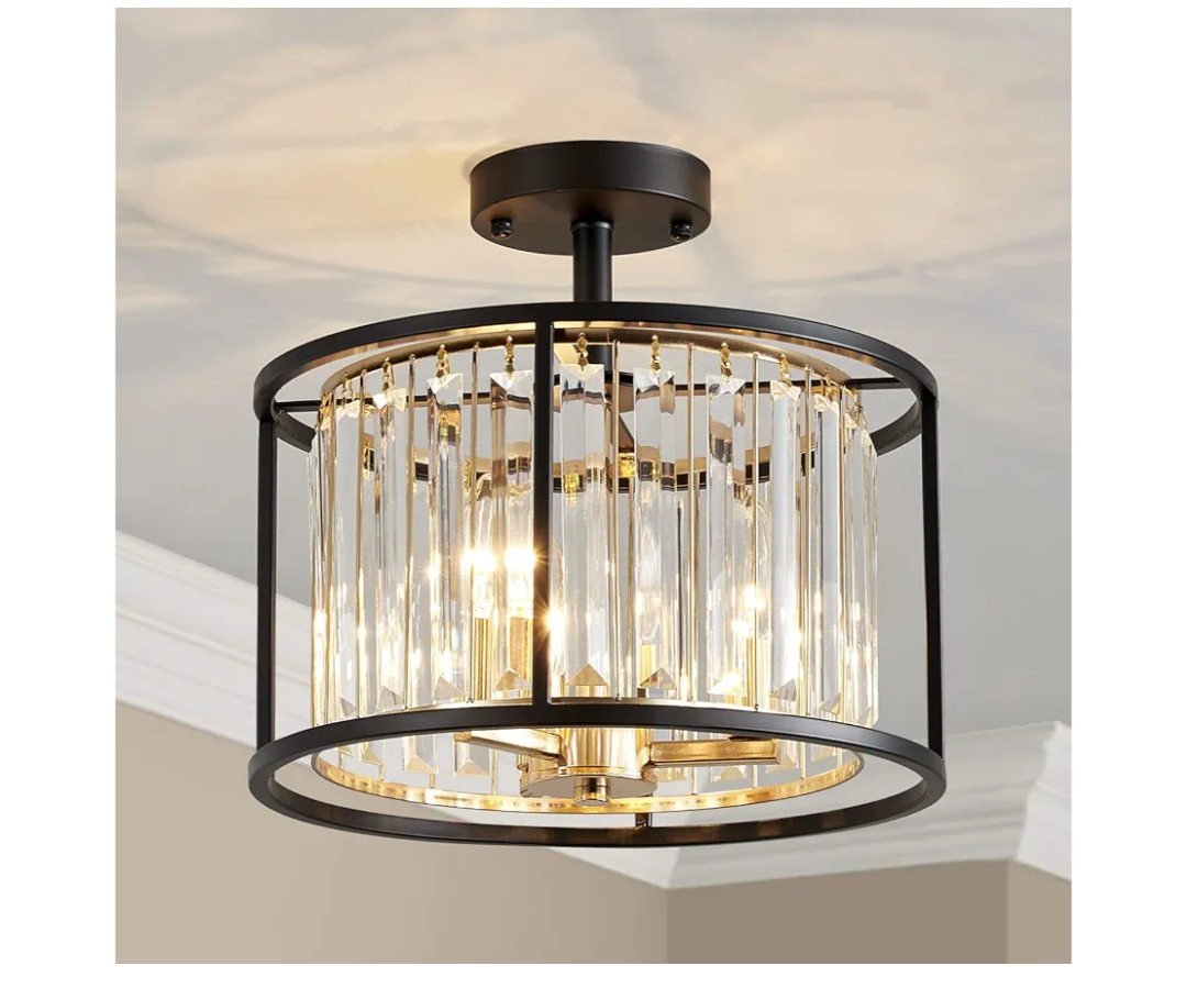 AGV LIGHTING CL005BB K9 Crystal Semi Flush Mount Ceiling Light Fixture, Modern Design, E12 Base 3Lights, D13 x H15, Shinny Gold & Matte Black Finish Metal Frame