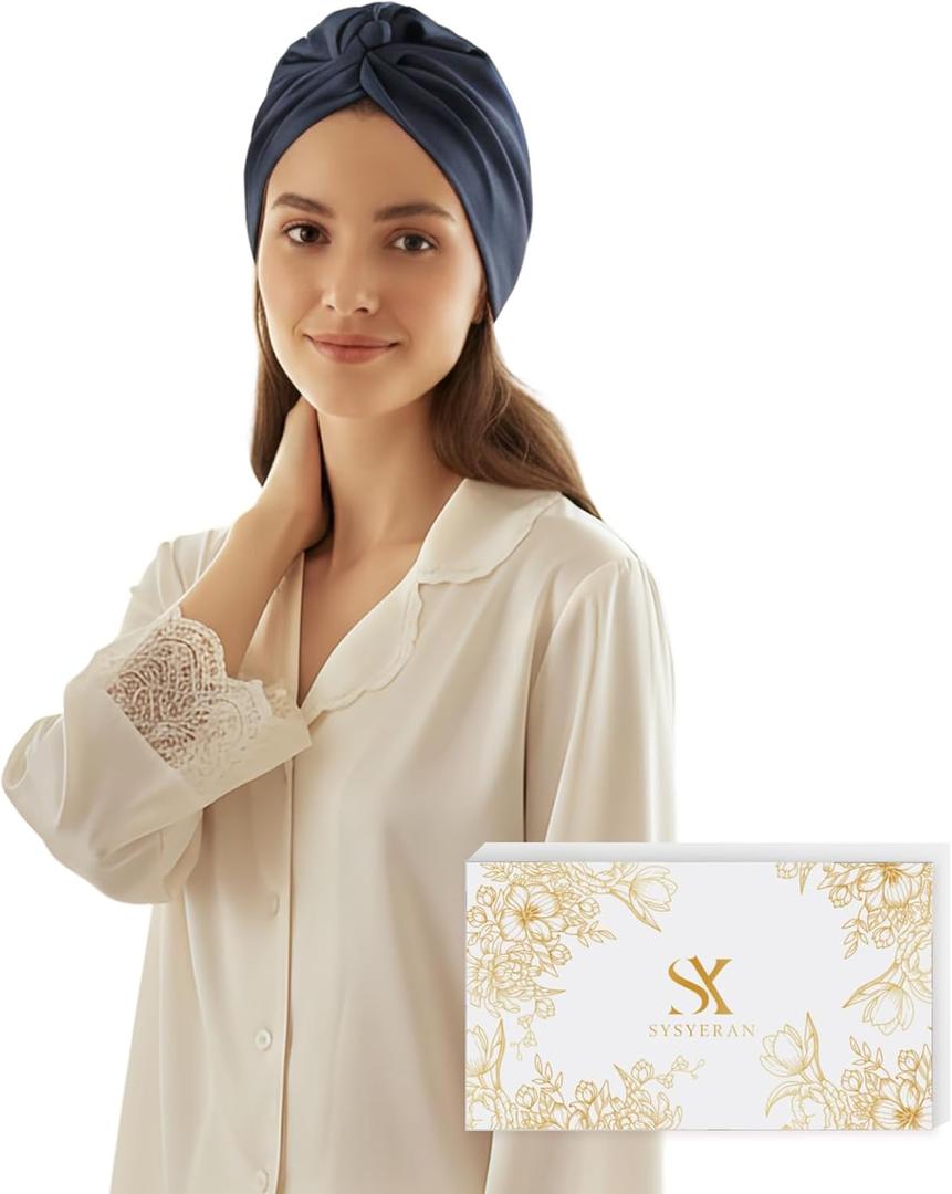 100% Mulberry Silk Bonnet for Sleeping, Elastic Band Night Cap for Women, Breathable Hair Wrap for Hair Protection (Navy Blue)